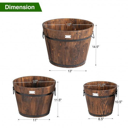 3 Pieces Wooden Planter Barrel Set with Multiple Size - Color: Rustic Brown