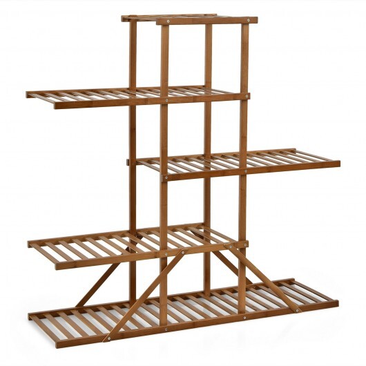 5-tier 10 Potted Bamboo Plant Stand-Brown - Color: Brown