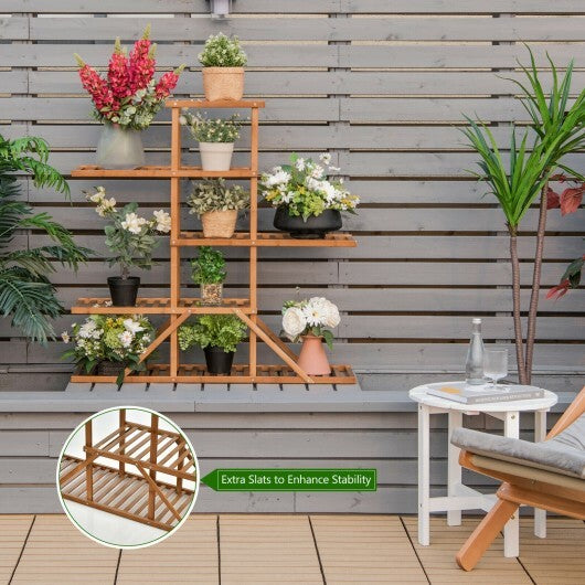 5-tier 10 Potted Bamboo Plant Stand-Brown - Color: Brown