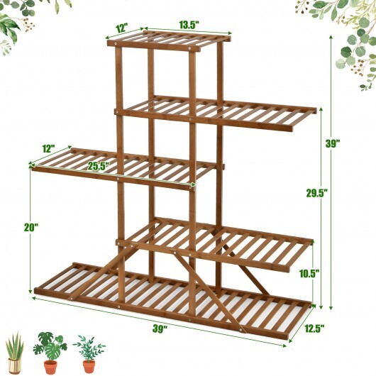 5-tier 10 Potted Bamboo Plant Stand-Brown - Color: Brown