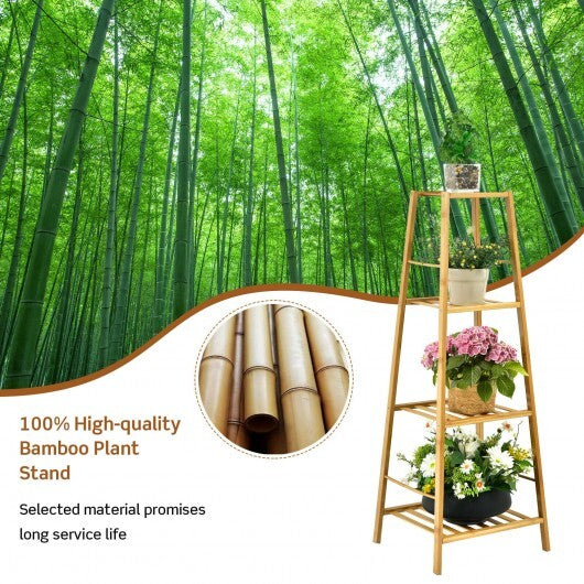 4-Potted Bamboo Tall Plant Holder Stand-Natural - Color: Natural