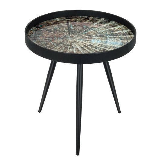 Modern Round End Table with Wooden Tray Top for Living Room Bedroom-Black