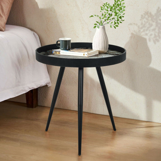 Modern Round End Table with Wooden Tray Top for Living Room Bedroom-Black