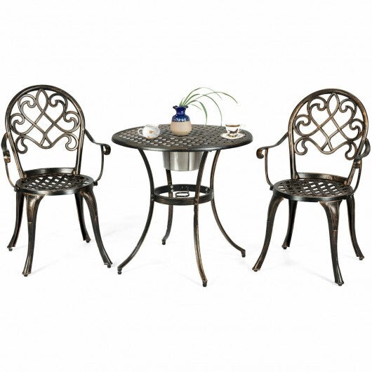 3 Pieces Outdoor Set Patio Bistro with Attached Removable Ice Bucket - Color: Bronze