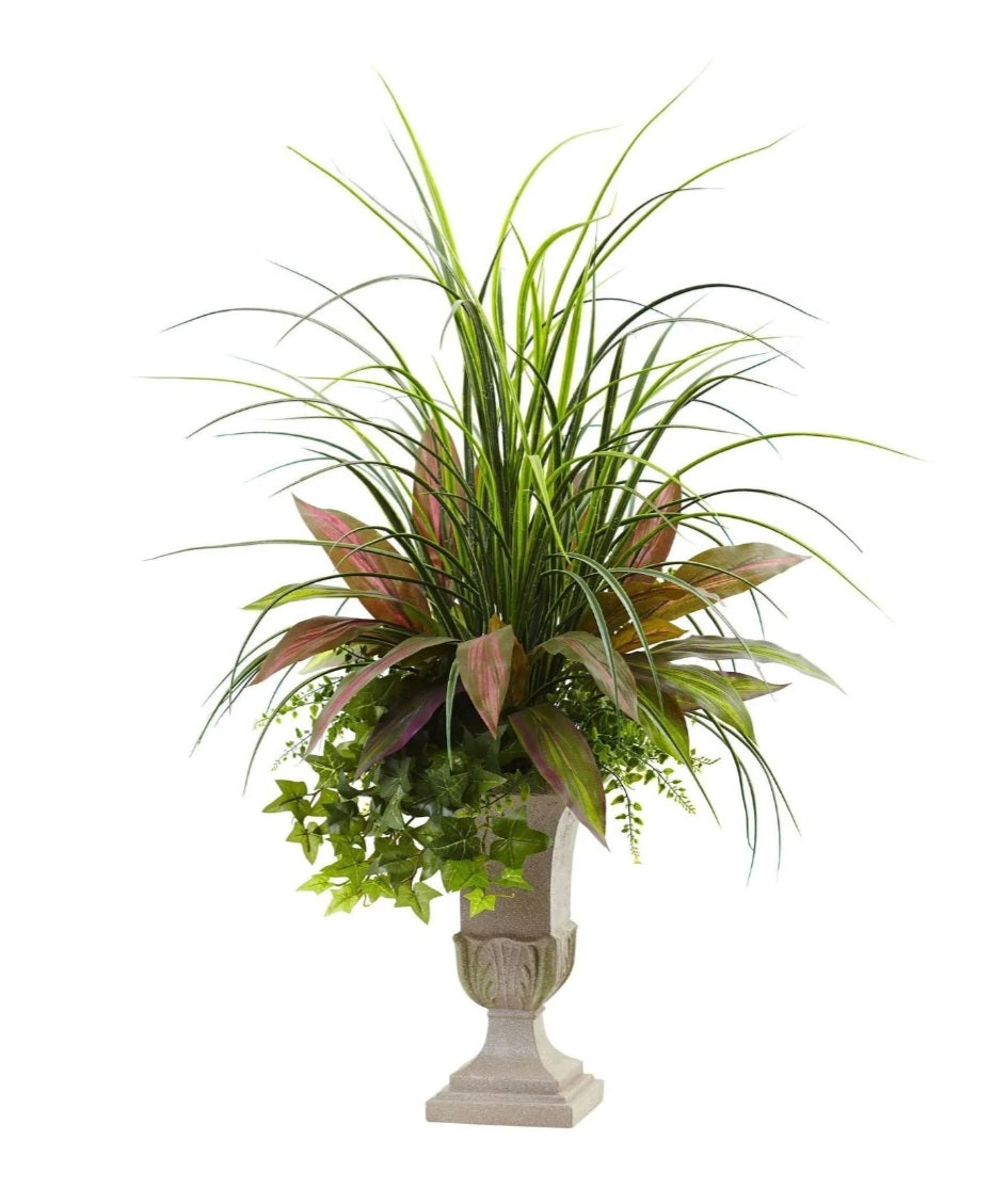 3’ Mixed Grass, Dracena, Sage Ivy & Fern W/Planter