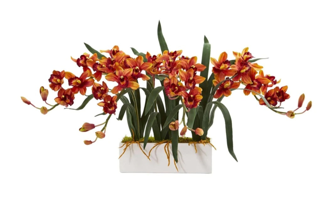 Cymbidium Artificial Arrangement in White Vase