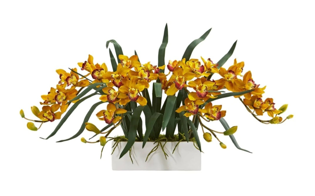 Cymbidium Artificial Arrangement in White Vase