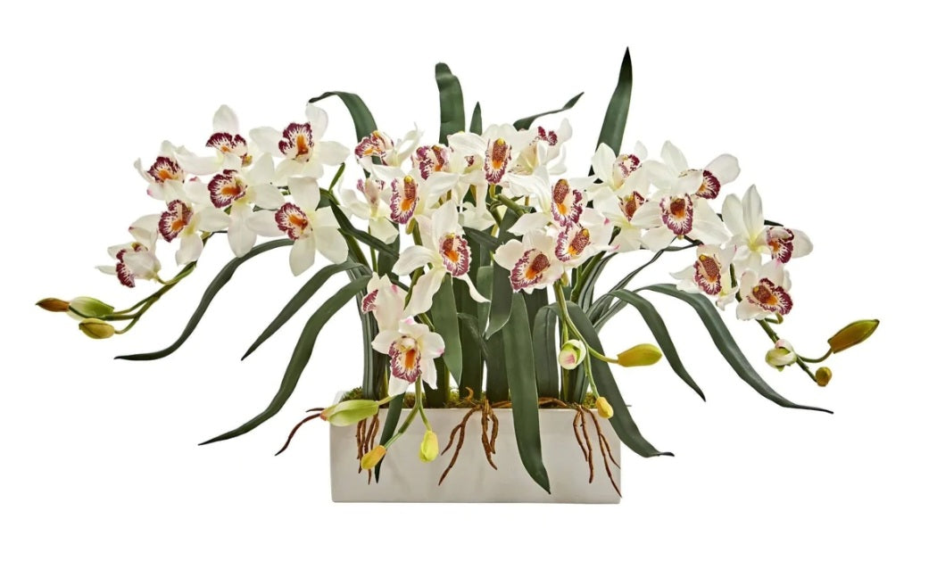 Cymbidium Artificial Arrangement in White Vase