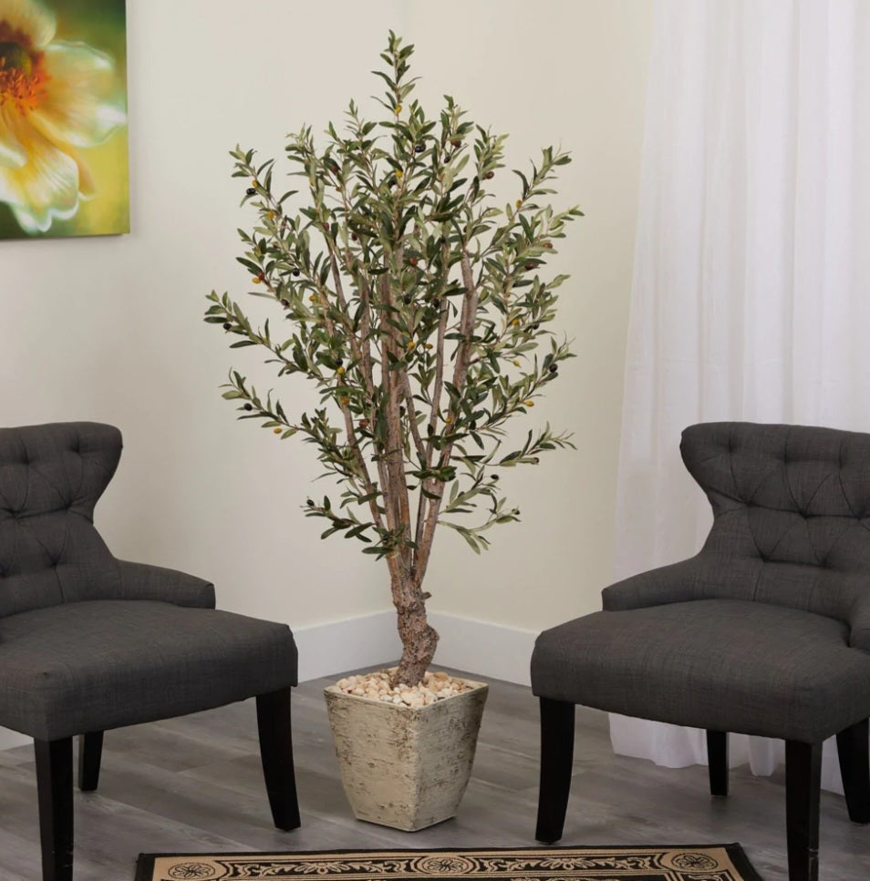 5’ Olive Artificial Tree in Country White Planter