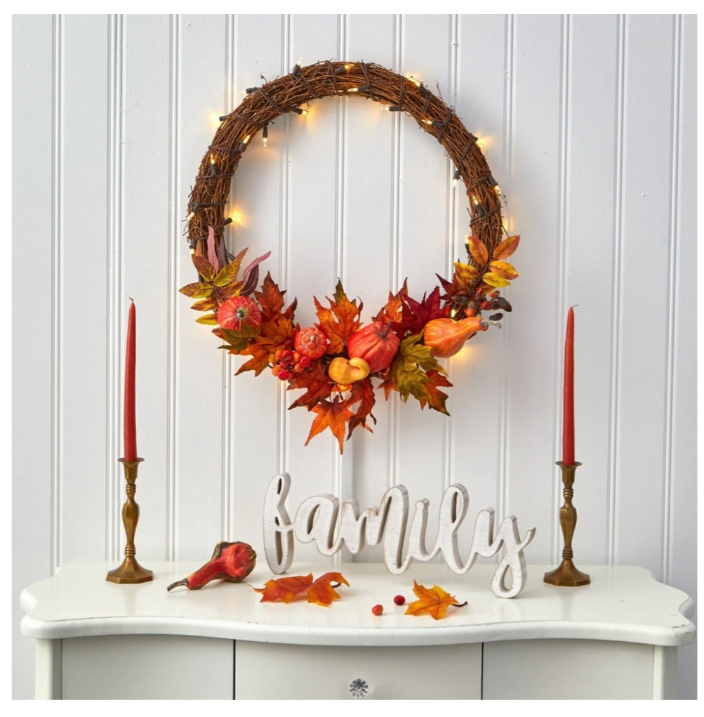 22” Pumpkin and Maple Artificial Autumn Wreath with 50 Warm White LED Lights