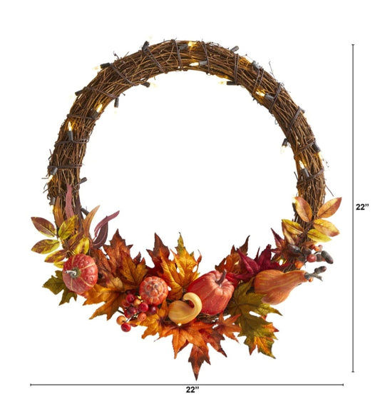 22” Pumpkin and Maple Artificial Autumn Wreath with 50 Warm White LED Lights