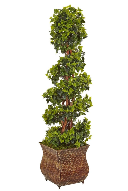 4’ English Ivy Spiral Tree in Metal Planter UV Resistant (Indoor/Outdoor)