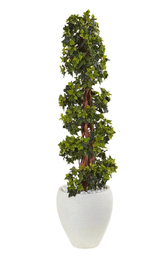 4’ English Ivy Topiary Tree in White Oval Planter UV Resistant (Indoor/Outdoor)