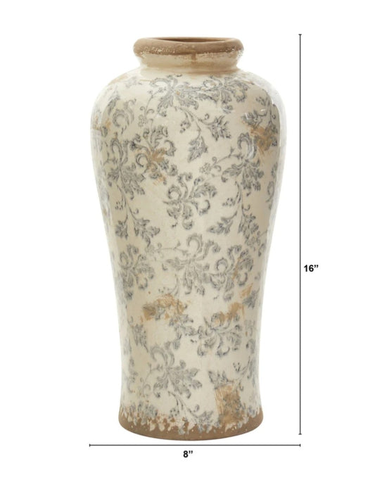 16” Tuscan Ceramic Floral Scroll Urn Vase