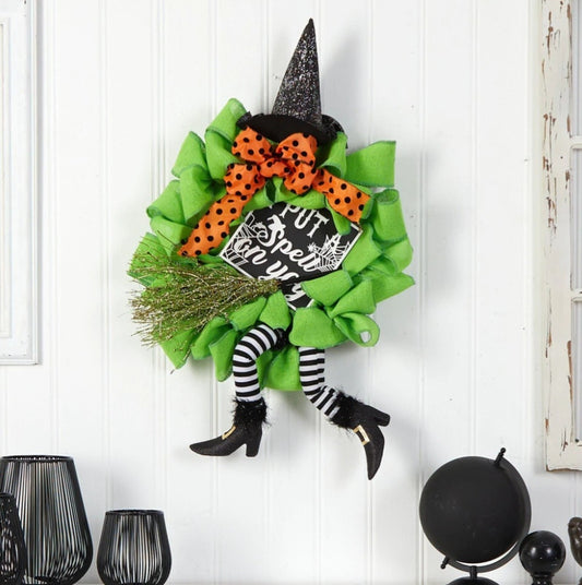 26" Halloween Witch Broom and Hat Mesh Wreath