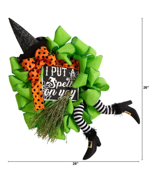 26" Halloween Witch Broom and Hat Mesh Wreath