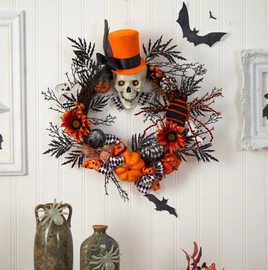 30” Spider And Skull With Top Hat Halloween Wreath