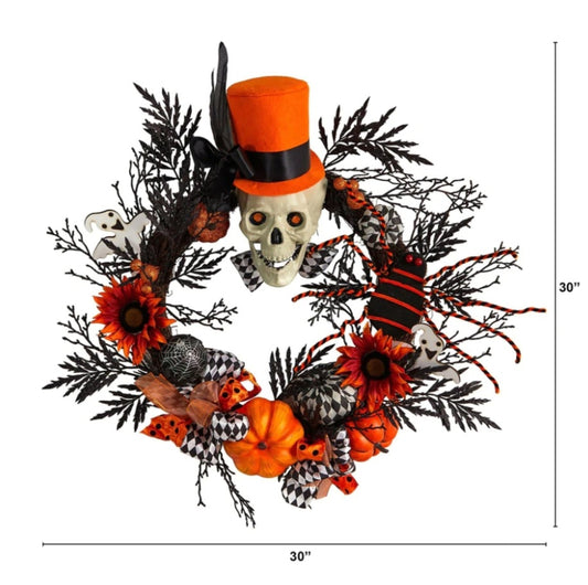 30” Spider And Skull With Top Hat Halloween Wreath