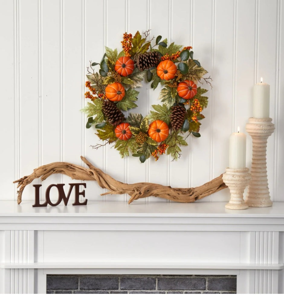 24” Pumpkins, Pine Cones and Berries Fall Artificial Wreath