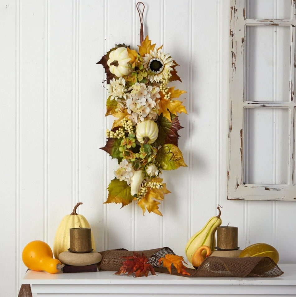 33” Fall Sunflower, Hydrangea And White Pumpkin Artificial Autumn Teardrop