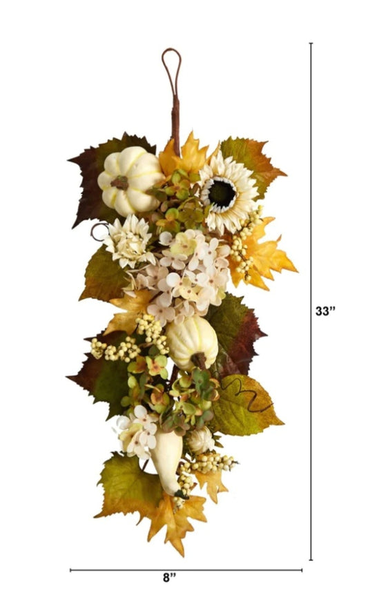 33” Fall Sunflower, Hydrangea And White Pumpkin Artificial Autumn Teardrop