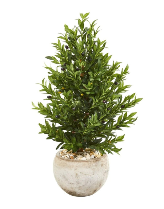 3’ Olive Cone Topiary Artificial Tree In Sand Stone Planter UV Resistant (Indoor/Outdoor)