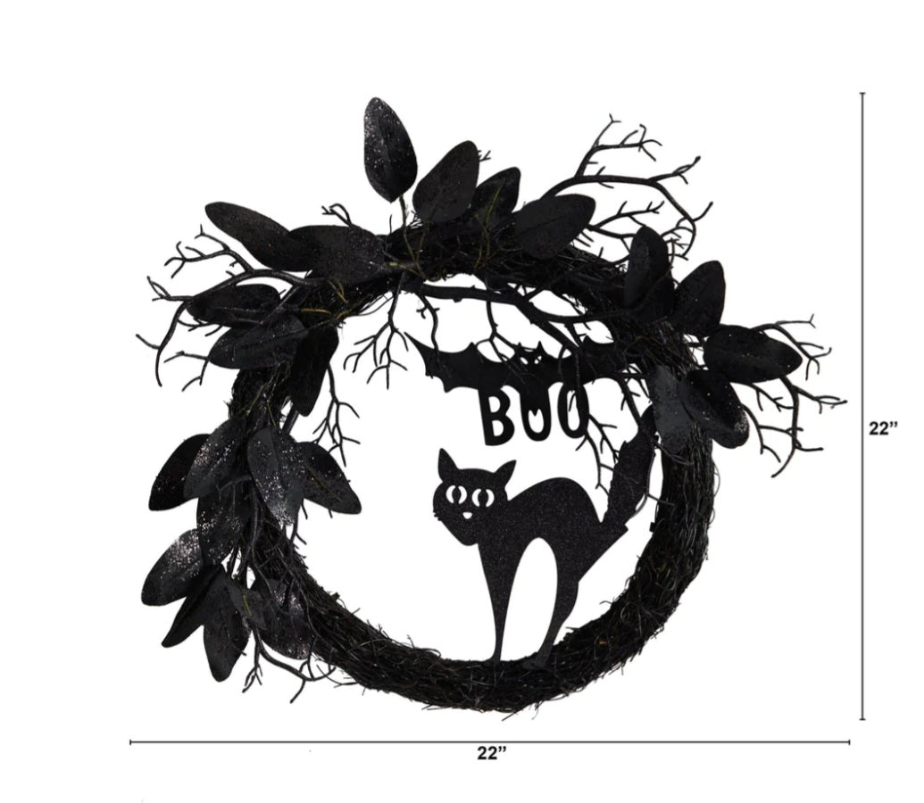 22” Halloween Black Cat And Bat Boo Twig Wreath