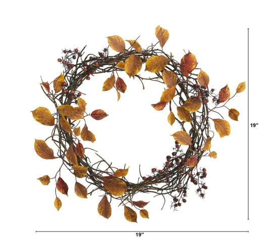 19” Harvest Leaf, Berries and Twig Artificial Wreath