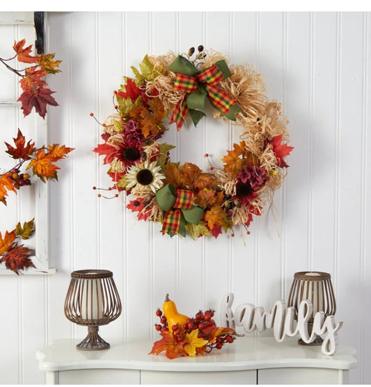 30” Harvest Autumn Sunflower, Maple Leaves and Berries Artificial Fall Wreath with Decorative Bows