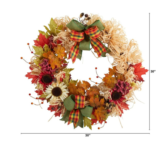 30” Harvest Autumn Sunflower, Maple Leaves and Berries Artificial Fall Wreath with Decorative Bows