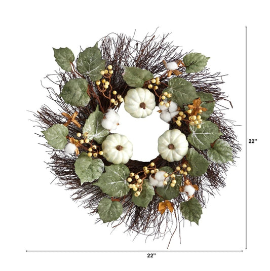 22” Autumn Green Pumpkin, Cotton and Berries Artificial Fall Wreath