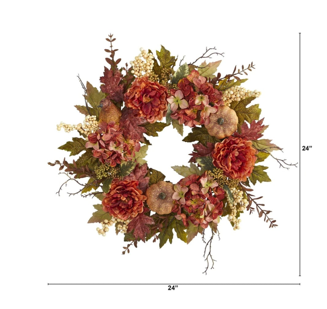 24” Peony, Hydrangea and Pumpkin Fall Artificial Wreath