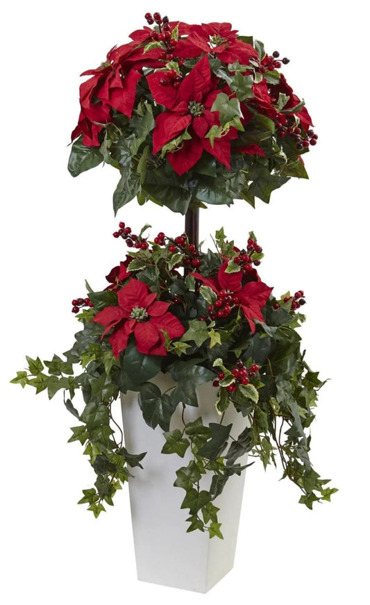 4’ Poinsettia Berry Topiary w/Decorative Planter