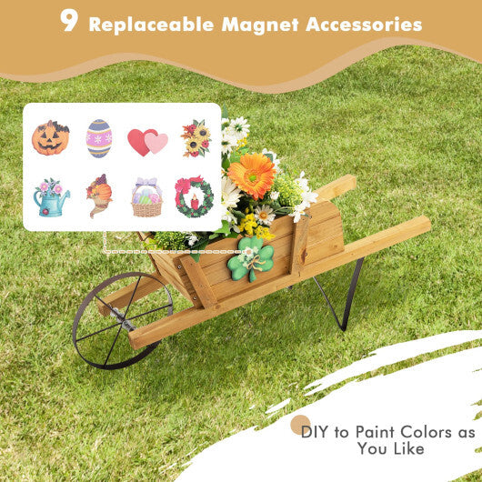 Wooden Wagon Planter with 9 Magnetic Accessories for Garden Yard-Red