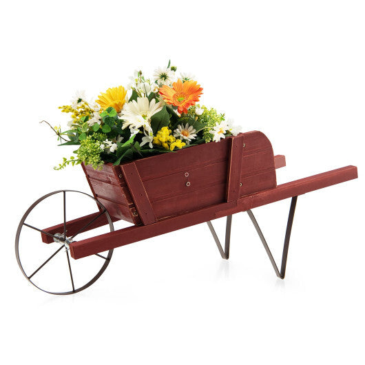 Wooden Wagon Planter with 9 Magnetic Accessories for Garden Yard-Red