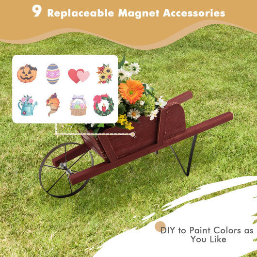 Wooden Wagon Planter with 9 Magnetic Accessories for Garden Yard-Red