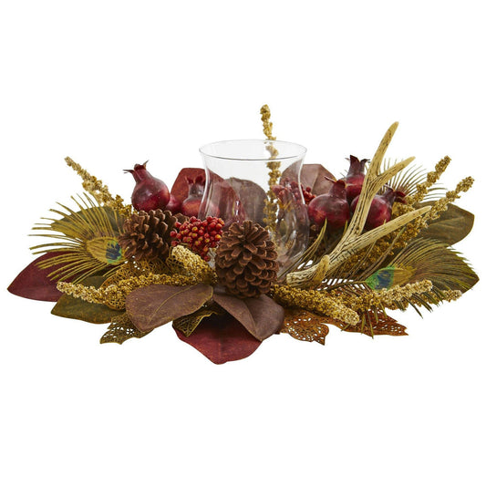 19" Magnolia, Berry, Antler and Peacock Feather Artificial Candelabrum Arrangement