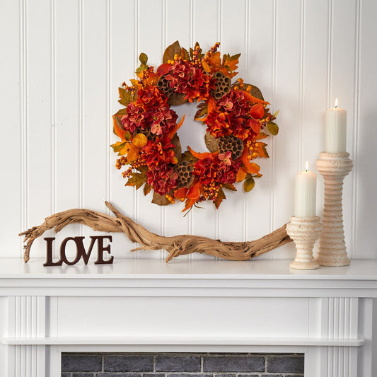 24” Fall Hydrangea, Lotus And Berries Artificial Wreath