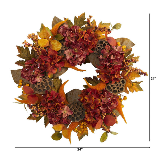 24” Fall Hydrangea, Lotus And Berries Artificial Wreath