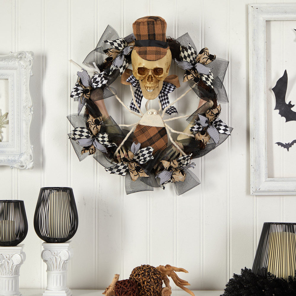 24” Halloween Skull In Plaid Mesh Wreath