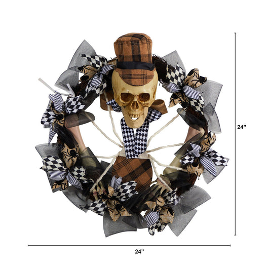 24” Halloween Skull In Plaid Mesh Wreath