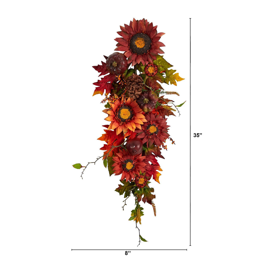 35” Autumn Sunflower, Pumpkin and Berries Artificial Teardrop